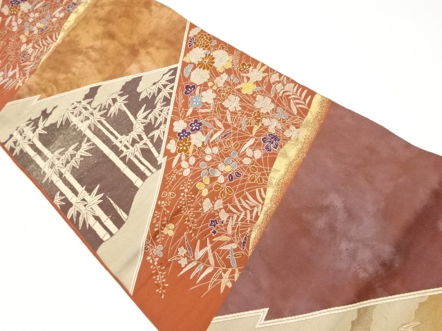 リサイクル　引箔切嵌風秋草に竹模様織出し袋帯